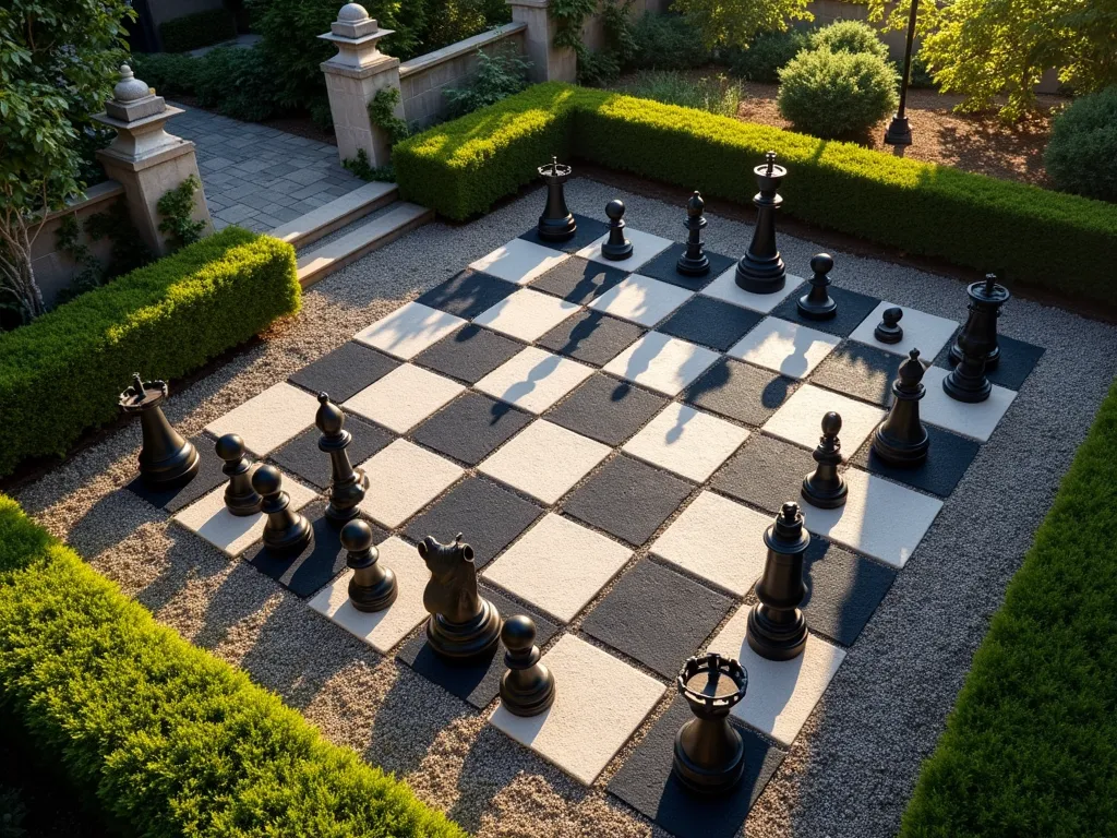 Elegant Garden Chess Board with Pea Gravel - A stunning overhead view of a large outdoor chess board design created with contrasting black and white pea gravel squares, bordered by perfectly manicured boxwood hedges. Oversized, weathered bronze chess pieces cast long shadows across the gravel squares. The surrounding garden features soft, ambient lighting and corner stone pillars with climbing ivy. The scene is captured in warm, late afternoon sunlight, creating a sophisticated and enchanting garden entertainment space.