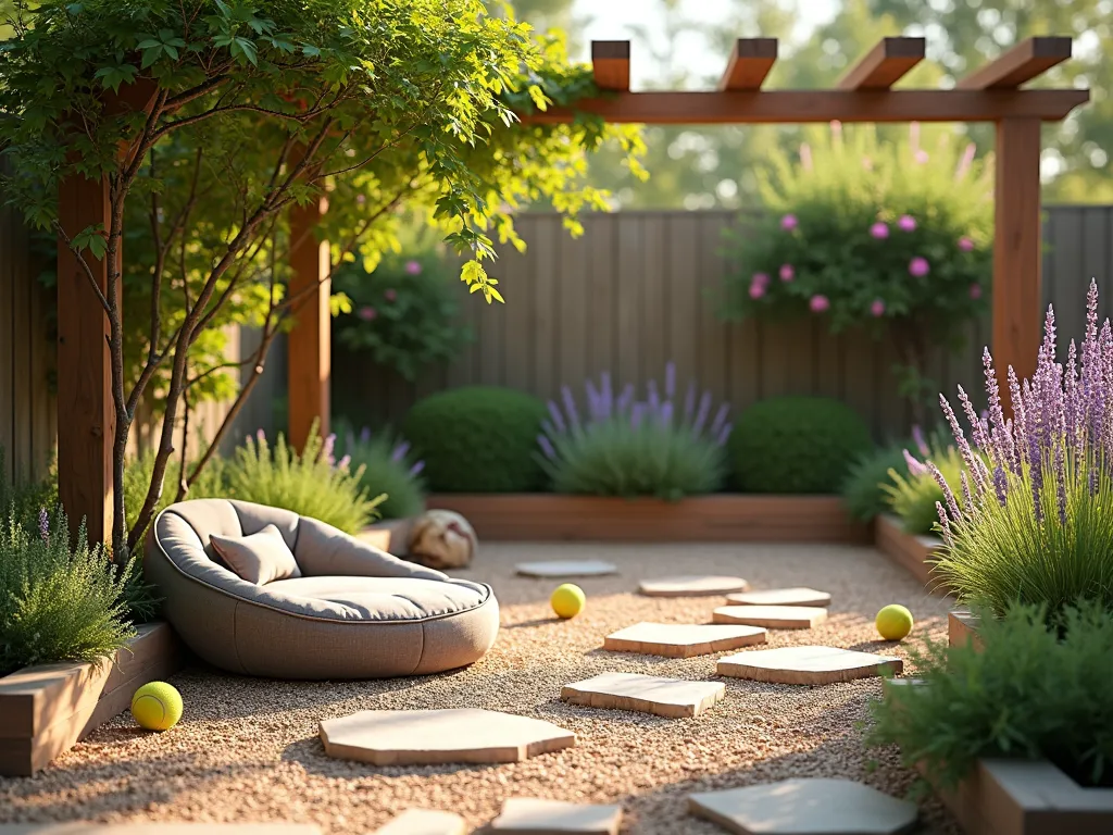 Serene Pet-Friendly Pea Gravel Garden Oasis - A sun-dappled garden space featuring a neat pea gravel surface area bordered by natural stone edging, showcasing a cozy dog bed beneath a rustic wooden pergola draped with climbing jasmine. Natural stepping stones meander through the gravel, leading to raised wooden planters filled with pet-safe herbs like chamomile and catnip. A partially buried rope toy and tennis ball peek out from the clean pea gravel, while lavender and ornamental grasses sway gently in the background. The scene is captured in warm afternoon light, creating a peaceful and inviting atmosphere perfect for both pets and their owners. Photorealistic style with soft natural lighting.