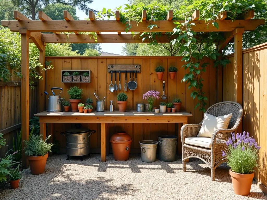 Rustic Garden Workshop Haven - A charming outdoor garden workshop area set on a pristine pea gravel surface, featuring a weathered cedar potting bench against a natural wood privacy fence. The scene includes vintage-style metal tool storage, hanging garden tools, and a comfortable wicker chair with cushions. Terra cotta pots, gardening supplies, and small succulent arrangements adorn the workspace. Dappled sunlight filters through overhead pergola beams, creating a warm, inviting atmosphere. The pea gravel base provides excellent drainage and a neat, organized appearance. Climbing jasmine decorates the fence, while potted lavender plants add color and fragrance to the workspace corners.