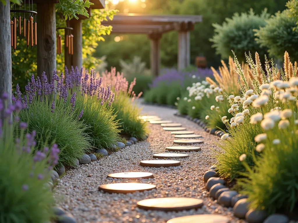 Multi-Sensory Garden Path Experience - A winding pea gravel path through a tranquil garden setting, bathed in warm, late afternoon sunlight. The path meanders through zones of purple lavender, white roses, and tall ornamental grasses that sway in the breeze. Wind chimes hang from a weathered wooden pergola, while copper water features create gentle ripples. Herbs like rosemary and thyme spill onto the path edges, and textural elements include smooth river stones and rustic timber stepping stones embedded in the gravel. The scene is photographed at eye level with depth of field, showing the various sensory zones transitioning from one to another, with soft bokeh effects in the background.