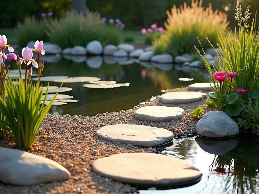 Serene Pea Gravel Pond Border - A tranquil garden pond bordered by light tan pea gravel creating a natural transition to the surrounding landscape, photographed during golden hour. Large flat stepping stones meander through the gravel, leading to the water's edge. Japanese iris, water lilies, and marsh marigolds bloom along the border, their reflections dancing on the water's surface. Natural boulders partially submerged add texture, while ornamental grasses sway in the background. Soft, natural lighting creates a magical atmosphere with gentle ripples in the crystal-clear water.