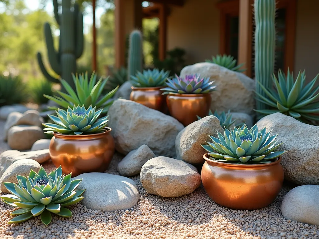 Desert-Inspired Succulent Rock Garden with Pea Gravel - A stunning desert-inspired garden featuring a harmonious arrangement of colorful succulents and cacti in copper and ceramic containers of varying heights, nestled among smooth river rocks and light tan pea gravel. Echeveria rosettes in blues and purples, spiky aloe vera, and barrel cacti create a dramatic display. Natural stone formations and weathered boulders provide elevation and organic structure. Golden afternoon sunlight casts gentle shadows across the peaceful scene, highlighting the textures and patterns of the drought-resistant plants. Photorealistic, high detail, soft natural lighting.