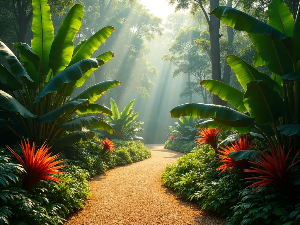 Tropical Paradise Pea Gravel Pathway - A winding garden path made of golden pea gravel meandering through a lush tropical landscape, photorealistic, dramatic natural lighting filtering through large banana leaves. Towering banana plants and elephant ears create a canopy overhead, while vibrant red and orange cannas add pops of color. Dense understory of ferns and tropical foliage creates multiple layers. Mist hovering above the gravel path adds atmosphere. The path curves invitingly into the distance, high-end landscape photography style, cinematic composition, soft natural lighting, hyper-detailed