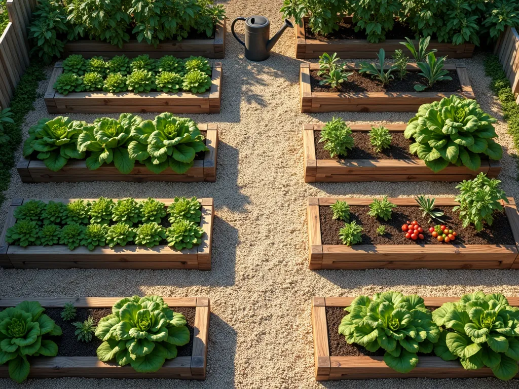 Urban Victory Garden with Pea Gravel Pathways - A photorealistic aerial view of an organized urban vegetable garden featuring weathered cedar raised beds arranged in a grid pattern, connected by neat pea gravel pathways. The beds are abundant with thriving vegetables including tomatoes, lettuce, and herbs. The light-colored gravel paths contrast beautifully with the rich dark soil and green vegetation, creating clean lines throughout the garden. Golden afternoon sunlight casts subtle shadows across the crushed stone walkways, while a vintage metal watering can sits at an intersection of the paths. The garden has a mix of modern functionality and cottage garden charm.