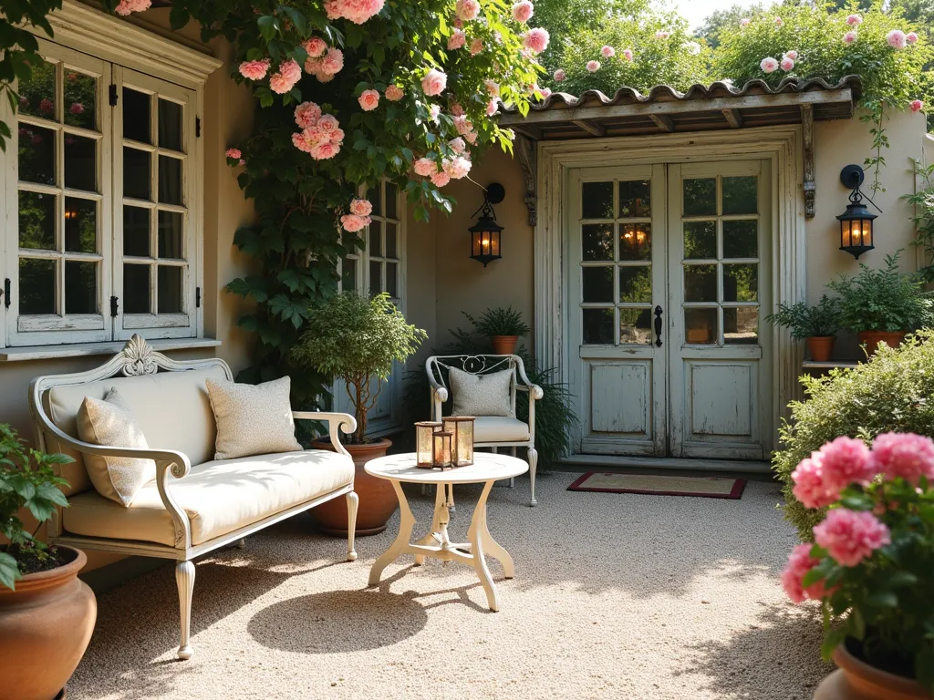 Romantic Vintage Garden Room with Pea Gravel - A charming outdoor garden room with light-colored pea gravel flooring, featuring weathered white vintage iron furniture including a elegant settee and small round table. Old reclaimed wooden window frames and an antique wrought iron gate create architectural interest along the perimeter. Pink and white climbing roses cascade over the architectural elements, with soft afternoon sunlight filtering through. Vintage copper lanterns, weathered terracotta pots, and delicate lace cushions complete the romantic, timeworn atmosphere. Photorealistic, atmospheric lighting, shallow depth of field.