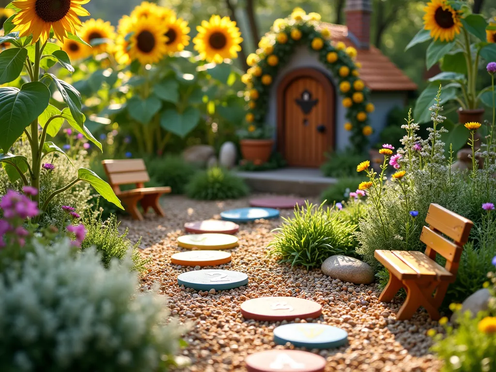 Whimsical Children's Secret Garden with Pea Gravel - A magical children's garden scene captured in soft afternoon sunlight, featuring a winding path of colorful painted stepping stones with numbers and letters nestled in light tan pea gravel. Towering sunflowers create a natural backdrop while patches of soft, silvery lamb's ear border the path. A charming fairy garden house sits beneath a flowering archway, complete with tiny furniture and miniature plants. Scattered throughout are child-sized wooden benches, butterfly-attracting flowers, and whimsical garden decorations. The scene is composed to create a sense of wonder and discovery, with the pea gravel providing a safe, natural play surface.