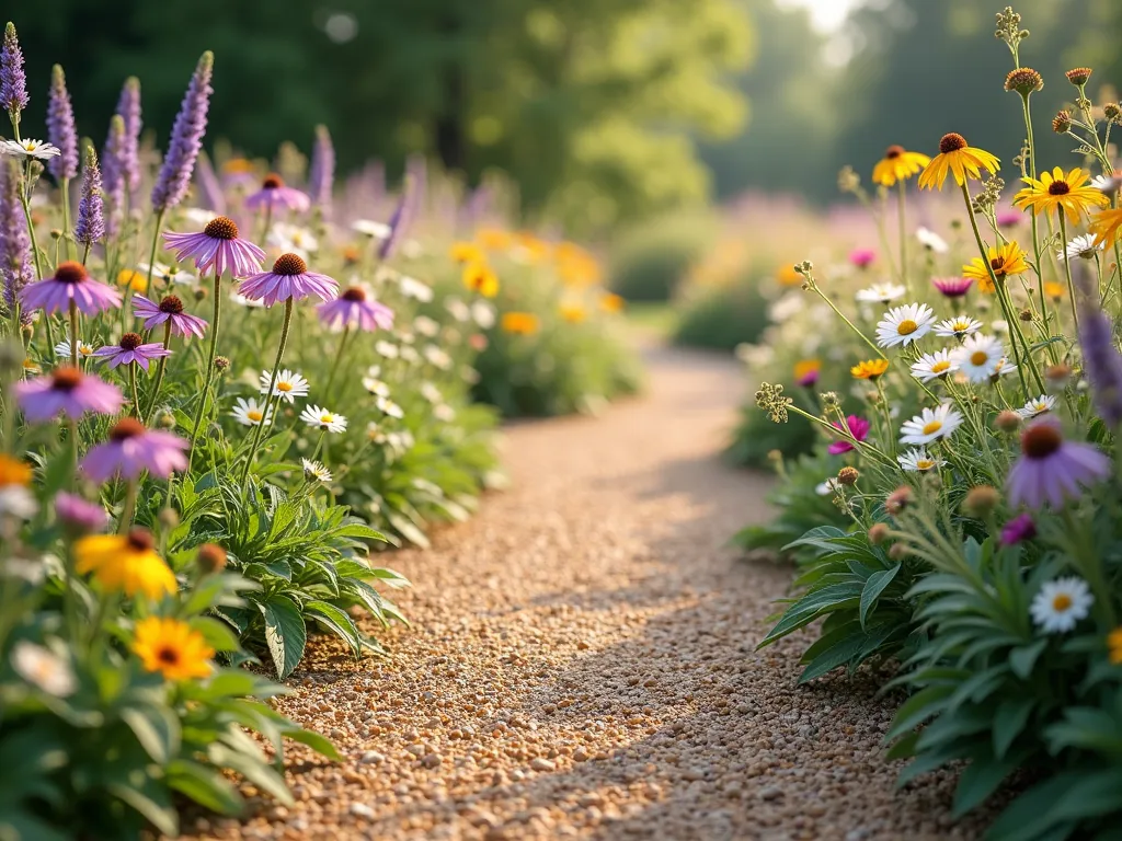 Enchanting Wildflower Pea Gravel Path - A winding garden path made of golden pea gravel, meandering through a dreamy wildflower meadow. Purple coneflowers, white daisies, yellow black-eyed susans, and pink cosmos spill naturally onto the path edges, creating a soft, romantic border. Late afternoon sunlight filters through the flowers, casting gentle shadows on the gravel. The path curves gently into the distance, with wispy grasses and delicate butterfly-attracting blooms creating a naturalistic, cottage garden aesthetic. Photorealistic, soft lighting, high detail.