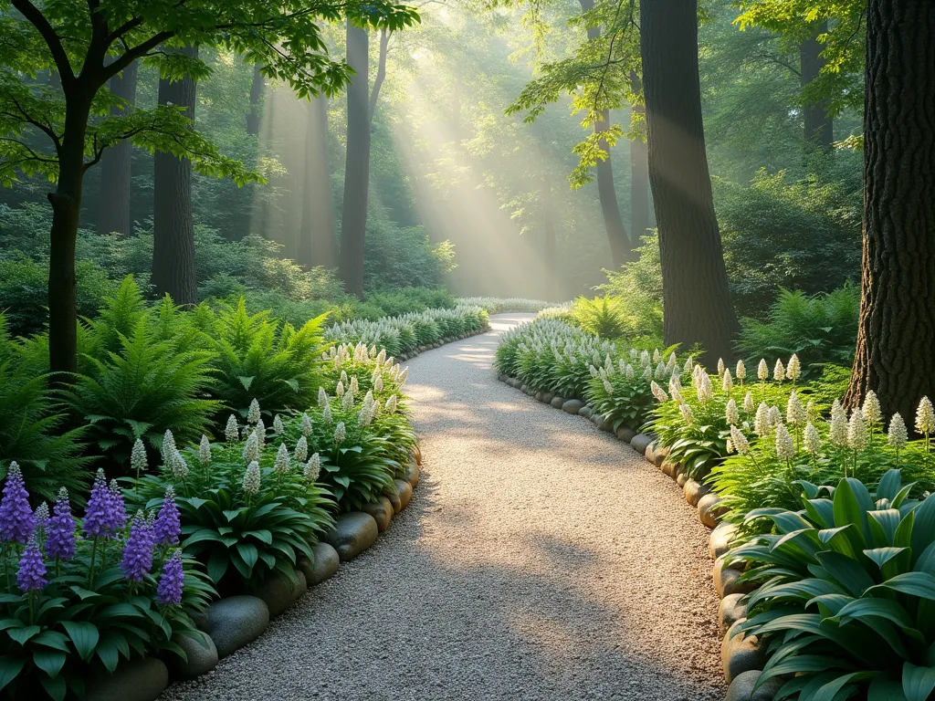 Enchanted Woodland Gravel Path - A serene, winding garden path through dappled sunlight, made of light-colored pea gravel mixed with smooth river rocks. Lush ferns and large hostas line both sides of the path, creating a natural woodland feel. The path curves gently into the distance, bordered by clusters of shade-loving perennials in soft purple and white. Morning mist adds an ethereal quality, while tall trees overhead create natural shade patterns on the ground. Photorealistic, high detail, soft natural lighting.