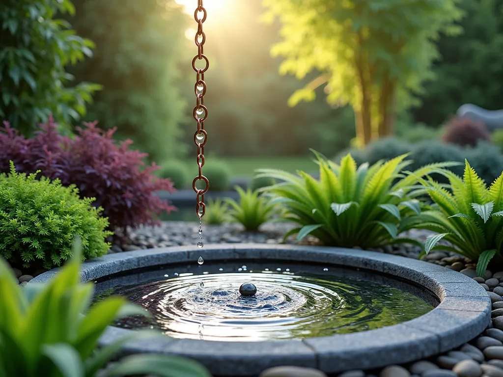 Zen Rain Chain Garden with Pea Gravel Basin - A serene garden scene featuring a copper rain chain cascading with water droplets into a circular pea gravel basin. The basin is artfully bordered with smooth river rocks and natural stone. Japanese forest grass, dwarf bamboo, and deep purple heuchera create a lush backdrop. Clusters of bright green maiden hair ferns and deep blue hostas surround the base. Early morning sunlight filters through, creating a peaceful, misty atmosphere. The pea gravel catch basin creates elegant concentric circles where the water drops fall, photorealistic, high-end landscape design, 4k resolution.