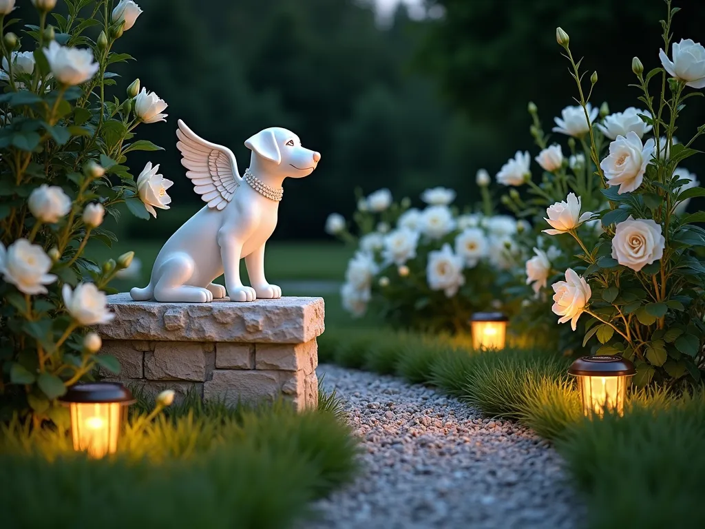 Serene Angel Pet Memorial Garden - A touching garden scene at dusk featuring a white marble angel dog statue as the centerpiece, wings gracefully extended, positioned on a raised stone pedestal. Surrounding the statue are pristine white peace lilies and climbing white roses in full bloom. Soft, warm solar lights nestled among the flowers cast a gentle, ethereal glow around the statue. The garden setting includes a neat gravel path leading to the memorial, with lush green grass and delicate ground cover. The lighting creates a peaceful, heavenly atmosphere with subtle shadows and golden highlights, suggesting a sacred space for remembrance.