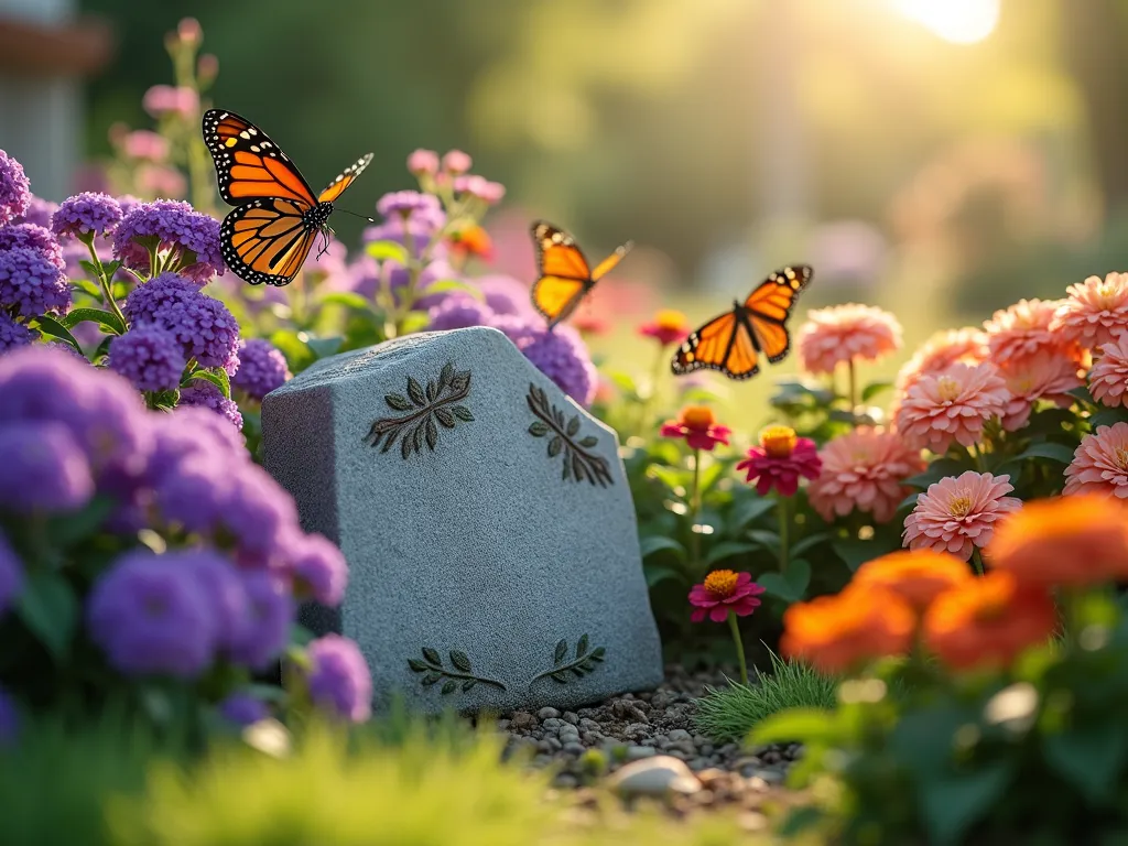 Serene Butterfly Garden Pet Memorial - A tranquil garden scene featuring a carved stone pet memorial marker nestled among vibrant purple butterfly bushes, orange lantana clusters, and multicolored zinnias in full bloom. Several monarch and swallowtail butterflies hover gracefully around the flowers. The memorial stone sits in dappled sunlight, with soft bokeh effects. The scene has a dreamy, ethereal quality with warm golden hour lighting creating a peaceful atmosphere. Photorealistic style with shallow depth of field.