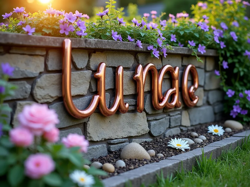 Pet Name Garden Art with Copper Letters - A serene garden scene featuring elegant copper tubing formed into the name 'Luna' mounted on a rustic stone garden wall. The copper letters are weathered to a beautiful patina, surrounded by cascading purple clematis vines and soft pink roses. Below the name, a small memorial garden bed features lavender plants, white daisies, and decorative river rocks. The scene is captured during golden hour, with warm sunlight casting gentle shadows across the wall, highlighting the metalwork. The composition is artistic and touching, with a shallow depth of field focusing on the handcrafted name display.