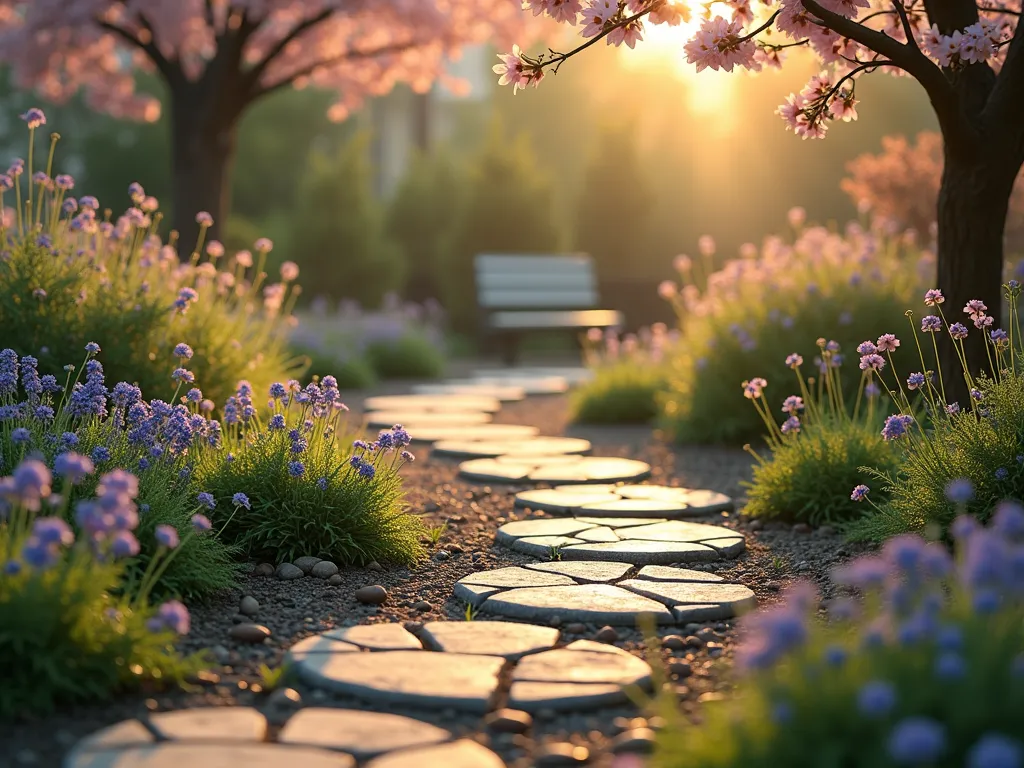 Enchanted Pet Memorial Pawprint Path - A magical garden pathway at golden hour, formed by stone pawprint-shaped stepping stones winding through lush gardens. The path is bordered by soft lavender and forget-me-nots, with occasional weathered pet toys nestled among the flowers. Dappled sunlight filters through overhanging cherry blossom branches, casting gentle shadows on the path. In the distance, a peaceful stone memorial bench is visible, surrounded by flowering dogwood trees and butterfly bushes. The scene has a dreamy, emotional quality with soft bokeh effects and warm, comforting colors.