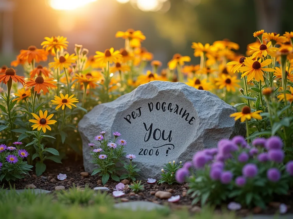 Perennial Pet Memorial Garden - A serene garden memorial scene at golden hour, featuring a natural stone pet memorial marker as the centerpiece, surrounded by a vibrant array of blooming perennials. Clusters of purple coneflowers, bright yellow black-eyed susans, and orange daylilies create a colorful tapestry around the marker. Soft sunlight filters through the flowers, creating a warm, ethereal atmosphere. The flowers appear to be gently swaying in a light breeze, with some flower petals scattered around the base of the memorial stone. The garden has a natural, cottage-style layout with flowers at varying heights, creating depth and visual interest. Shot from a low angle to emphasize the memorial marker against a softly blurred background of more flowers.