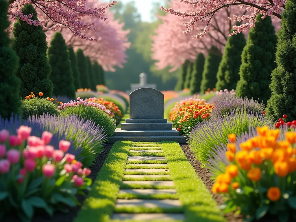 Four Seasons Pet Memorial Garden - A serene garden divided into four distinct seasonal sections, featuring a central stone memorial marker. Spring section blooms with pink cherry blossoms and tulips, summer area showcases vibrant roses and lavender, autumn displays chrysanthemums and ornamental grasses, and winter section includes evergreen cypress and holly with red berries. Soft morning light illuminates the garden, creating a peaceful atmosphere. Professional garden photography style, high detail, emotional warmth.