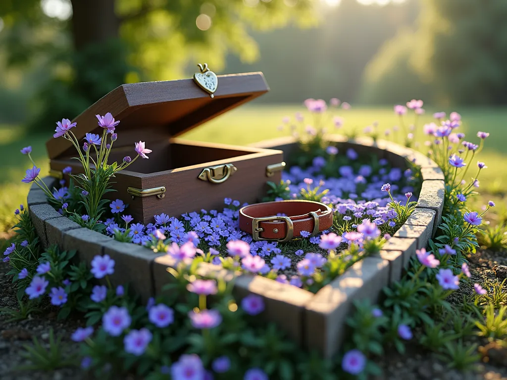 Heart-Shaped Memory Box Pet Memorial Garden - A serene garden scene featuring a raised garden bed shaped like a heart, filled with purple and blue flowers. A rustic, weatherproof wooden memory box with brass fittings sits nestled among the blooms. Delicate forget-me-nots and lavender surround a vintage-style pet collar displayed within the partially open box. Soft afternoon sunlight filters through nearby trees, creating a peaceful, ethereal atmosphere. The garden bed is bordered with natural stone, and climbing clematis adorns the edges. Photorealistic, emotional, high detail, garden photography style.