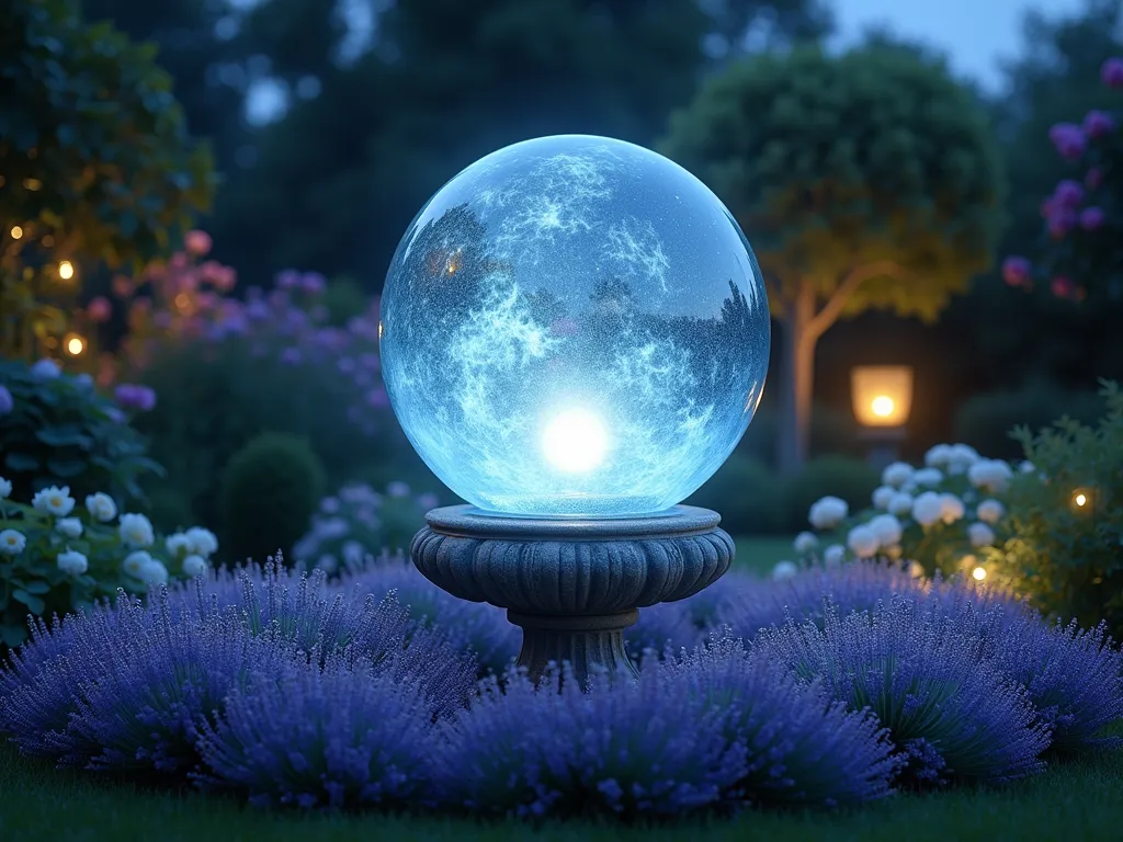 Illuminated Pet Memorial Globe at Twilight - A serene garden scene at dusk featuring a large, luminous glass gazing globe emitting a soft, ethereal blue-white glow. The globe sits on an ornate stone pedestal surrounded by a circular bed of purple lavender and white moonflowers. Gentle garden lights illuminate the surrounding area where climbing roses and butterfly bushes create a peaceful backdrop. Light mist hovers near the ground, creating a magical atmosphere as twilight shadows fall across the memorial space. Dewdrops on the surrounding foliage catch and reflect the globe's gentle illumination.