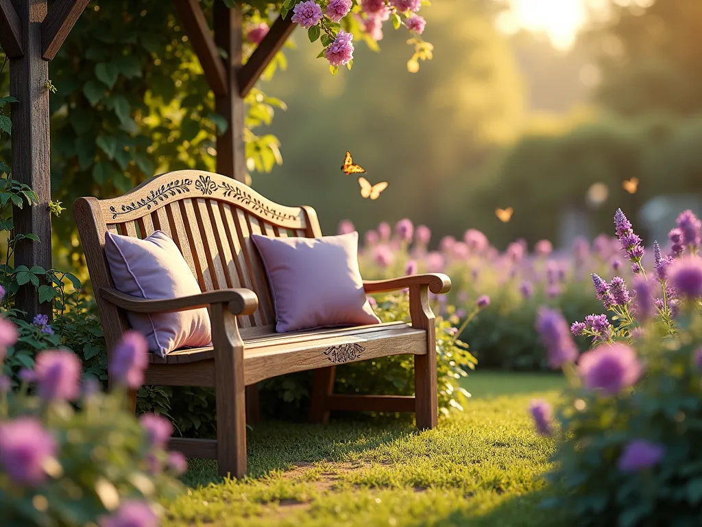 Engraved Memorial Garden Bench at Sunset - A serene garden scene featuring a handcrafted wooden bench with delicate engravings, photographed during golden hour. The bench overlooks a peaceful garden filled with lavender and roses. Soft purple and beige cushions adorn the bench, while climbing roses frame the scene. Dappled sunlight filters through nearby trees, creating a warm, contemplative atmosphere. Butterflies hover near the fragrant flowers, adding movement to this tranquil memorial space. Photorealistic style, emotional depth, high detail.