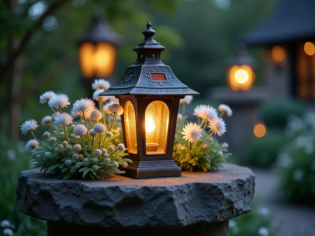 Serene Memorial Lantern Garden at Dusk - A tranquil garden scene at dusk featuring an ornate bronze lantern with a warm, glowing solar light, surrounded by a circular arrangement of silvery Artemisia, white Japanese anemones, and lamb's ear plants. The lantern sits on a natural stone pedestal, with moonlight catching the metallic foliage creating a ethereal, peaceful atmosphere. Soft bokeh lighting effect enhances the magical evening ambiance, with dewdrops glistening on the silver-white foliage.