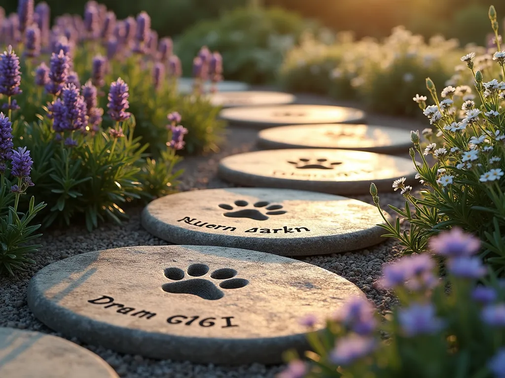 Pet Memorial Paw Print Garden Path - A serene garden pathway made of circular concrete stepping stones, each featuring realistic dog or cat paw prints pressed into them, photographed during golden hour. The stones are artistically arranged in a gentle curve through a lush garden setting. Some stones have elegant engraved names and dates. The path is bordered by soft purple lavender and white flowering sweet alyssum, creating a dreamy, memorial atmosphere. The stones have a weathered, natural appearance, and soft sunlight casts gentle shadows across their surfaces, highlighting the paw print impressions. Photorealistic, high detail, emotional.