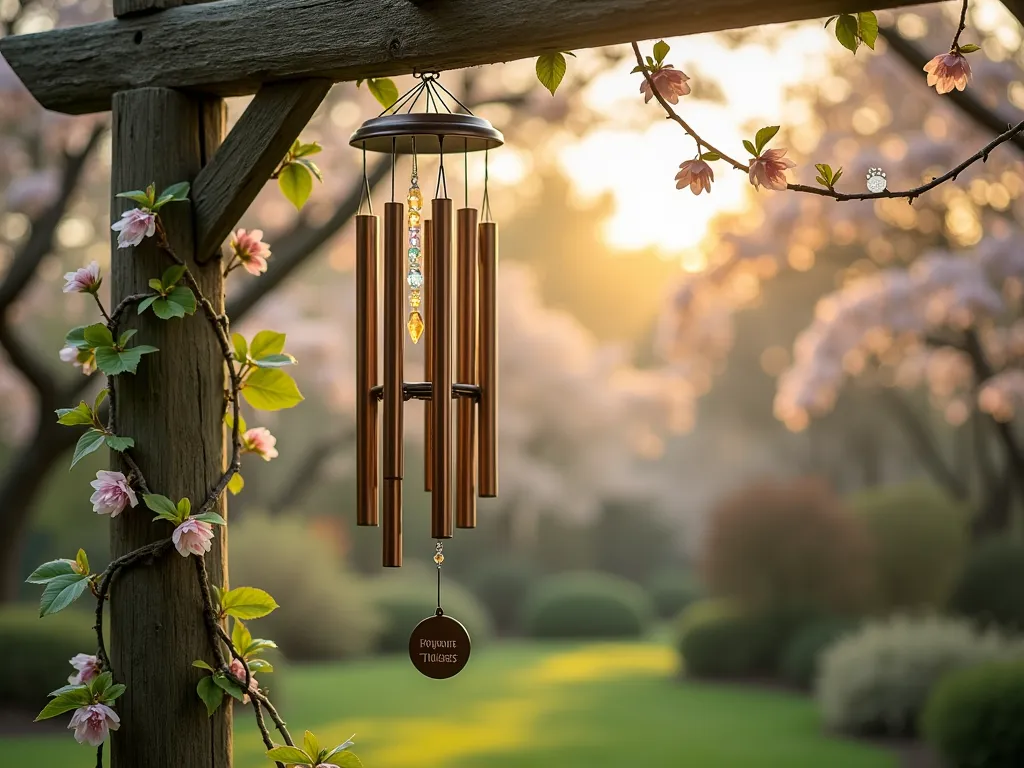 Pet Memorial Wind Chimes at Sunset - A serene garden scene at golden hour showing elegant bronze and silver wind chimes hanging from a weathered wooden arch, decorated with delicate paw print charms and crystal beads. The chimes are gently swaying in the breeze against a soft-focus background of flowering dogwood trees. Dappled sunlight filters through the branches, creating a warm, ethereal atmosphere. Small personalized memorial tags with pet names catch the light among the chimes, while climbing jasmine vines gracefully wind up the arch posts.