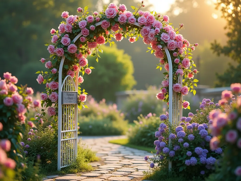 Pet Memorial Garden Arch with Climbing Roses - A serene garden scene featuring an elegant white metal garden arch covered in climbing pink roses and purple clematis, set in soft evening light. A small decorative plaque with 'Forever Loved' text is mounted on the arch. The archway creates a romantic pathway through a cottage garden with natural stone pavers. Soft bokeh effect with subtle sun rays filtering through the flowers, creating a dreamy, memorial atmosphere. Photorealistic, detailed garden photography style.