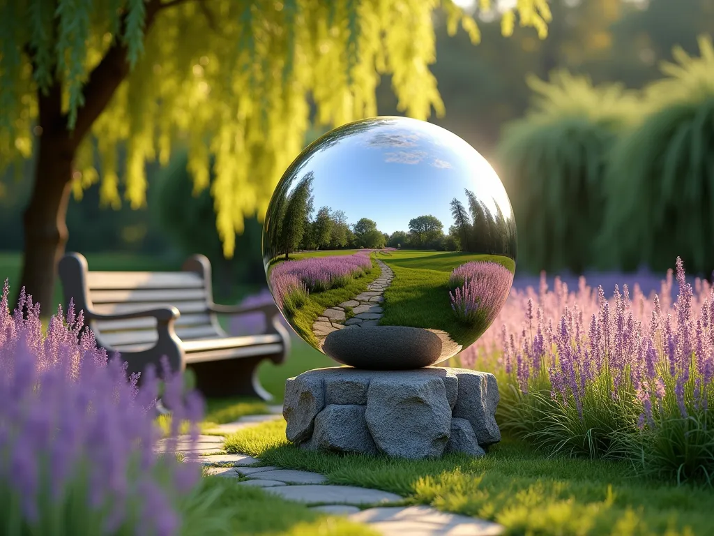 Serene Pet Memorial Sphere Garden - A tranquil garden setting featuring a large, polished stainless steel gazing ball sphere centered on a natural stone pedestal, surrounded by flowing waves of purple catnip and lush wheat grass catching the evening sunlight. A weathered wooden bench sits nearby under a gentle weeping cherry tree. The sphere reflects the surrounding garden and sky, creating a dreamy, ethereal atmosphere. Soft natural lighting, photorealistic style, shallow depth of field focusing on the sphere.