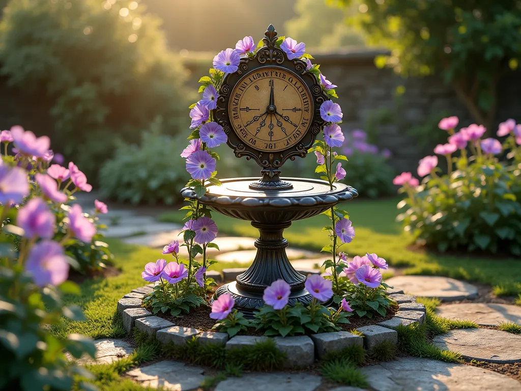 Pet Memorial Garden Sundial - A serene garden scene with a ornate bronze sundial as the centerpiece, engraved with 'In Loving Memory'. The sundial sits atop a weathered stone pedestal surrounded by a circular garden bed. Cascading purple morning glories climb delicate trellises around the sundial, with blooming pink four o'clocks creating a soft border. Golden evening sunlight filters through the flowers, casting gentle shadows across the sundial face. The garden features a natural stone path leading to the memorial, with soft moss growing between the stones. Ethereal and peaceful atmosphere with a vintage, romantic garden aesthetic.