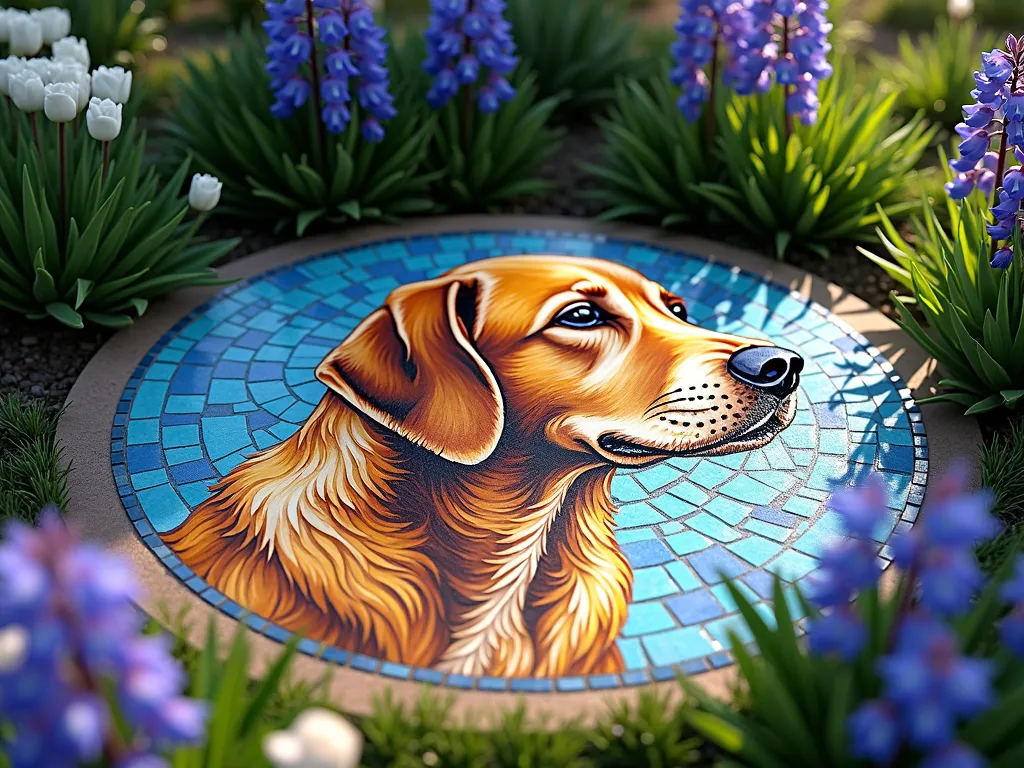 Pet Portrait Garden Mosaic Memorial - A beautiful outdoor garden scene featuring a large circular mosaic stepping stone depicting a lifelike dog portrait in vibrant stained glass tiles. The mosaic uses shades of blue, amber, and white tiles that sparkle in sunlight. The stepping stone is surrounded by a artistic arrangement of purple lavender, blue delphiniums, and white roses that complement the mosaic's colors. Soft afternoon lighting casts gentle shadows across the memorial piece, highlighting its intricate details. Photorealistic style, high detail garden photography.