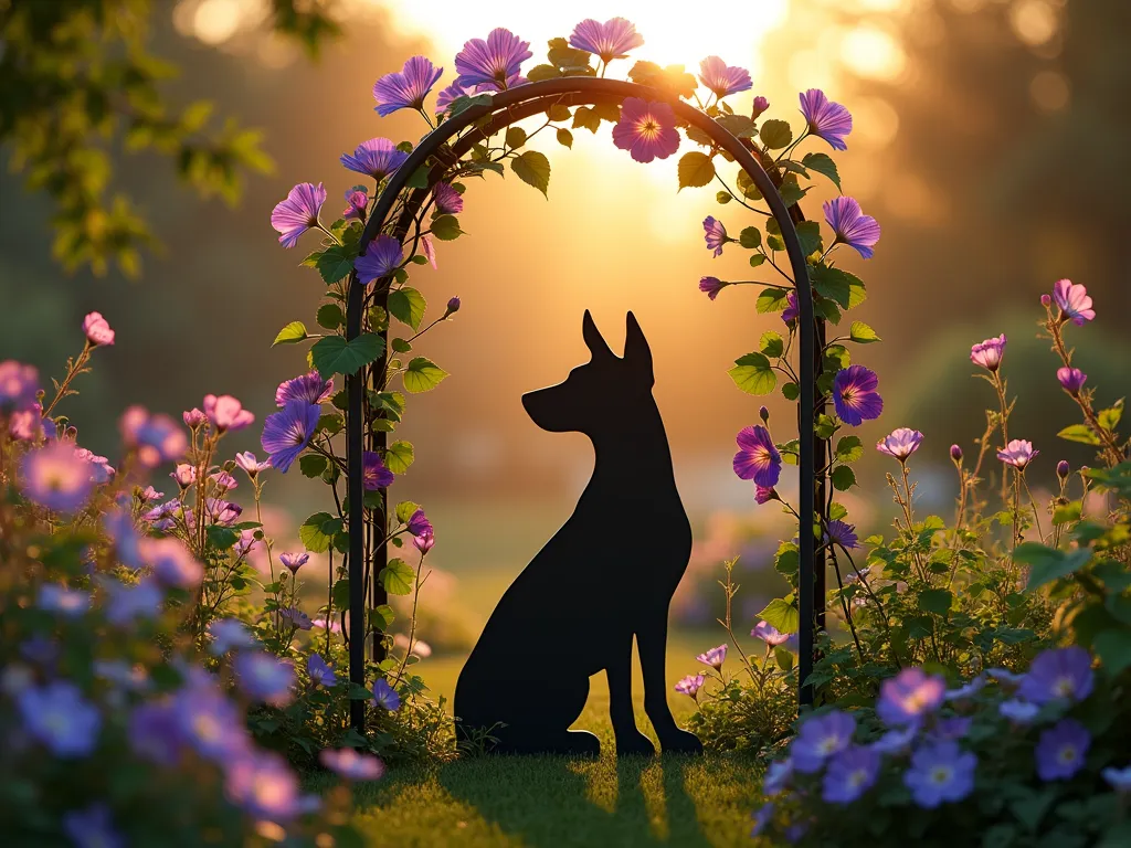 Pet Memorial Silhouette Garden Trellis - A serene garden scene at golden hour featuring an artistic metal trellis with a dog silhouette cut-out in its center, backlit by warm sunlight. Purple clematis and iridescent morning glory vines gracefully wind around the black metal framework, creating a living frame. The silhouette shows a sitting dog with pointed ears, with some flowers and vines delicately crossing through the cutout space. Soft bokeh effect in background with natural garden elements. Photorealistic, high detail, warm emotional atmosphere.