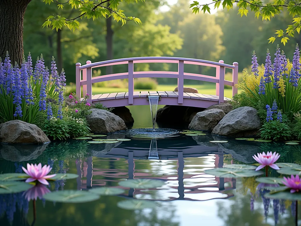 Rainbow Bridge Memorial Garden Fountain - A serene garden scene with a small arched wooden bridge painted in soft rainbow hues spanning a tranquil pond. Crystal-clear water flows gently from a natural stone fountain, creating peaceful ripples. Purple and white water lilies float on the water's surface. The pond is surrounded by a lush border of pink astilbe, blue delphiniums, yellow daylilies, and purple iris flowers in full bloom. Soft evening light filters through nearby trees, casting gentle reflections on the water's surface. Japanese maple leaves provide a delicate canopy overhead, creating a contemplative atmosphere perfect for remembrance.