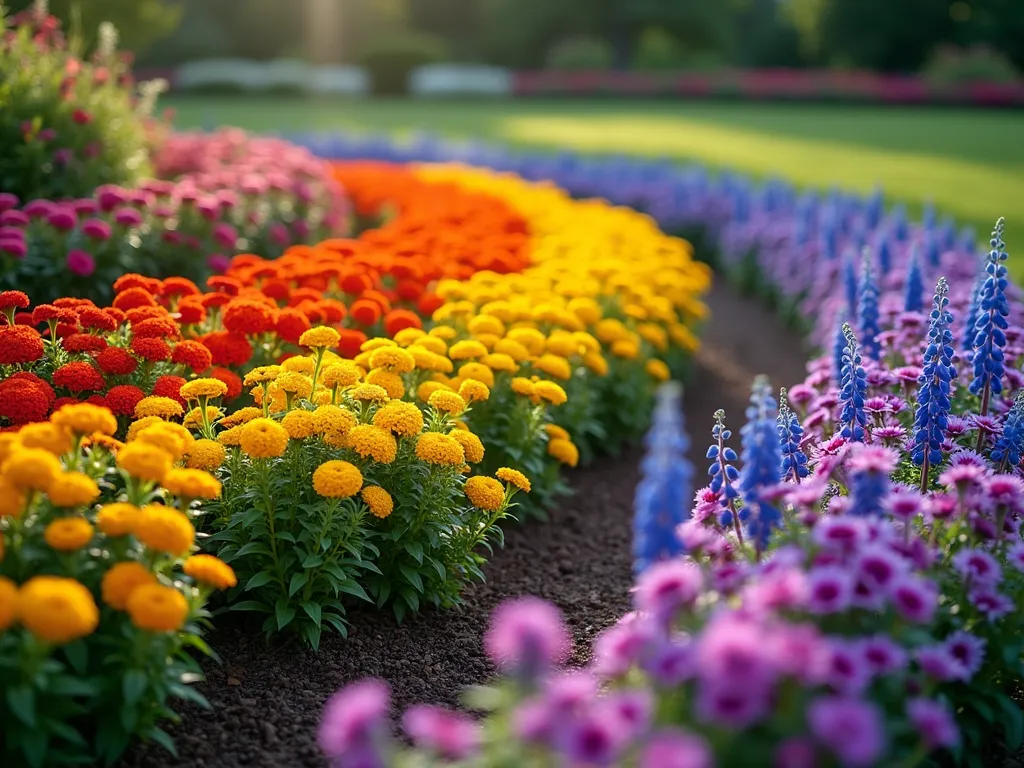 Rainbow Bridge Memorial Garden Border - A gently curved garden border photographed in soft afternoon sunlight, featuring a stunning rainbow arrangement of flowers in perfect bloom. Starting from one end: vibrant red salvias, bright orange marigolds, cheerful yellow daylilies, elegant green bells of Ireland, towering blue delphiniums, and waves of purple petunias. The flowers are densely planted in graceful sweeping curves, creating a natural rainbow effect. The garden has a dreamy, ethereal quality with subtle lens flare and bokeh effects, suggesting a connection to the Rainbow Bridge. The border is perfectly manicured with rich, dark mulch beneath the blooms.