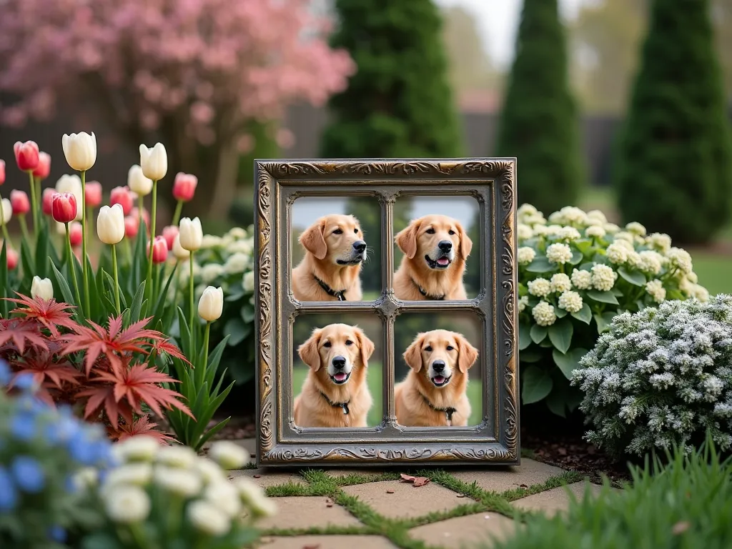 Four Seasons Pet Memorial Frame Garden - A serene garden vignette featuring an elegant weathered bronze photo frame stand with four photos displayed in a grid, each showing a beloved golden retriever in different seasons. The frame is nestled among thoughtfully arranged plantings: spring cherry blossoms and tulips, summer hydrangeas and roses, autumn Japanese maples with burgundy leaves, and winter evergreens dusted with snow. Soft natural lighting creates a dreamy, memorial atmosphere. Photorealistic style.