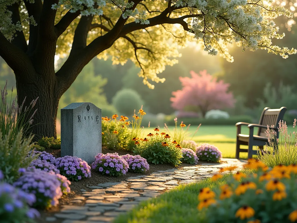 Sunlit Pet Memorial Garden Retreat - A serene garden scene featuring a cozy sun-dappled area beneath a flowering dogwood tree, where dappled sunlight creates peaceful patterns on the ground. A tasteful stone memorial marker sits among a bed of purple catmint and golden black-eyed susans. A weathered wooden bench nearby suggests a peaceful resting spot. Soft purple and yellow wildflowers sway in the breeze, while ornamental grasses add movement. The scene is captured during golden hour, creating a warm, emotional atmosphere. Photorealistic, natural lighting, shallow depth of field.