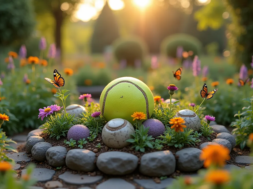 Whimsical Pet Toy Memorial Garden - A serene garden scene at golden hour, featuring a charming circular flower bed with weathered bronze and ceramic pet toys artfully arranged among blooming flowers. A worn tennis ball sculpture serves as a centerpiece, surrounded by patches of lavender, catnip, and colorful marigolds. Stone-crafted rope toys and balls peek through lush greenery, while butterflies dance above. The garden has a dreamy, nostalgic quality with soft natural lighting and a shallow depth of field.