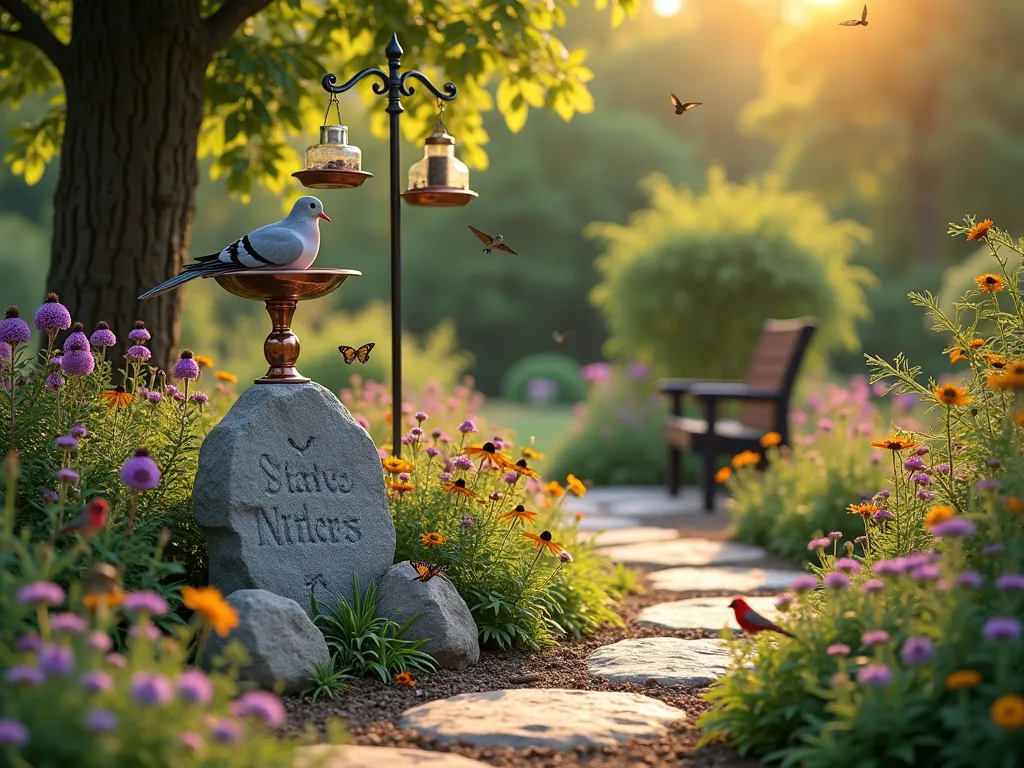 Serene Pet Memorial Wildlife Garden - A tranquil garden memorial scene at golden hour, featuring a decorative stone pet memorial marker nestled among native wildflowers and butterfly bushes. A copper bird bath stands nearby with small birds perching on its rim. Multiple hanging bird feeders sway gently from a decorative shepherd's hook. Purple coneflowers and black-eyed susans attract butterflies, while cardinal flowers draw hummingbirds. Natural stone pathways wind through the garden, with a small bench for quiet reflection. Soft, dappled sunlight filters through mature trees, creating a peaceful atmosphere. A mourning dove rests peacefully on the memorial stone, photorealistic style.