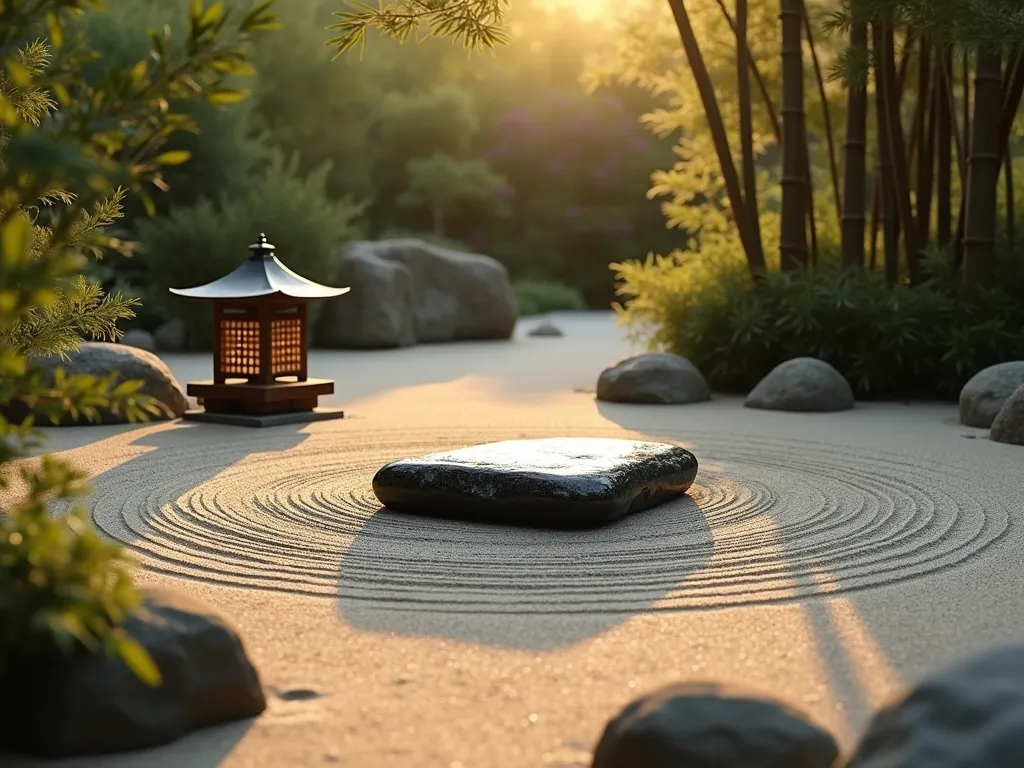 Serene Zen Pet Memorial Garden - A tranquil Japanese-inspired garden at golden hour, featuring a circular raked sand garden with gentle rippling patterns. A polished black memorial stone sits centered on a small raised platform, adorned with delicate Japanese forest grass swaying in the breeze. A traditional wooden pagoda lantern casts gentle shadows nearby. Elegant bamboo stalks frame the scene, while smooth river stones create meandering pathways. The atmosphere is peaceful and contemplative, with soft, natural lighting creating a sacred space for remembrance.