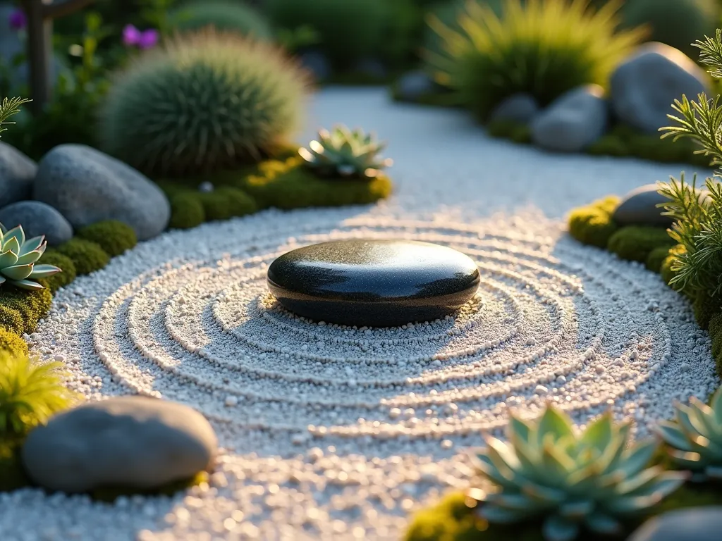 Zen Pet Memorial Rock Garden - A serene Japanese-inspired miniature rock garden bathed in soft natural light, featuring a circular pattern of white and gray gravel carefully raked in meditative rings. In the center, a polished black granite memorial stone rests peacefully, surrounded by small clusters of hardy succulents in muted green and blue tones. Patches of emerald moss grow between carefully placed weathered stones of varying sizes. The scene is captured from a low angle during golden hour, creating long, gentle shadows across the peaceful arrangement, photographed in high detail with shallow depth of field.