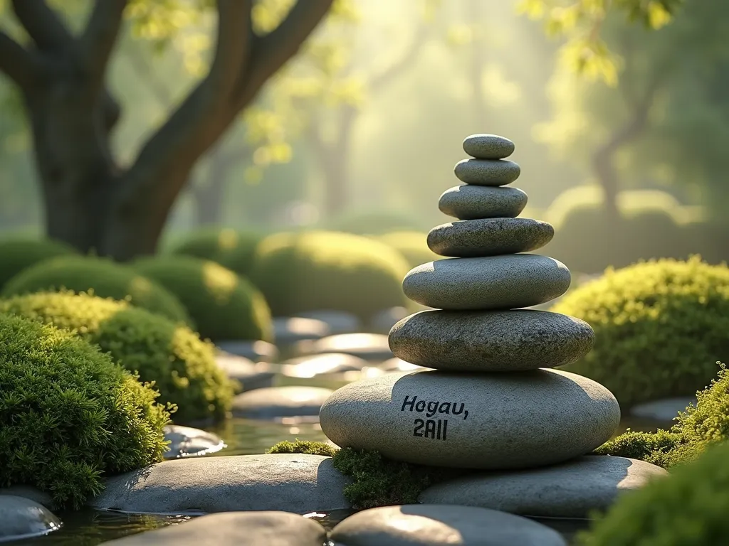 Zen Pet Memorial Stone Cairn - A serene garden scene featuring a balanced stone cairn made of smooth river rocks stacked naturally, with a polished center stone engraved with a pet's name. The cairn is surrounded by a soft carpet of creeping thyme and Irish moss, creating a peaceful zen-like atmosphere. Dappled sunlight filters through overhead trees, casting gentle shadows on the stones. The scene has a misty, ethereal quality with natural earth tones and gentle green hues. Photorealistic, peaceful garden photography style.