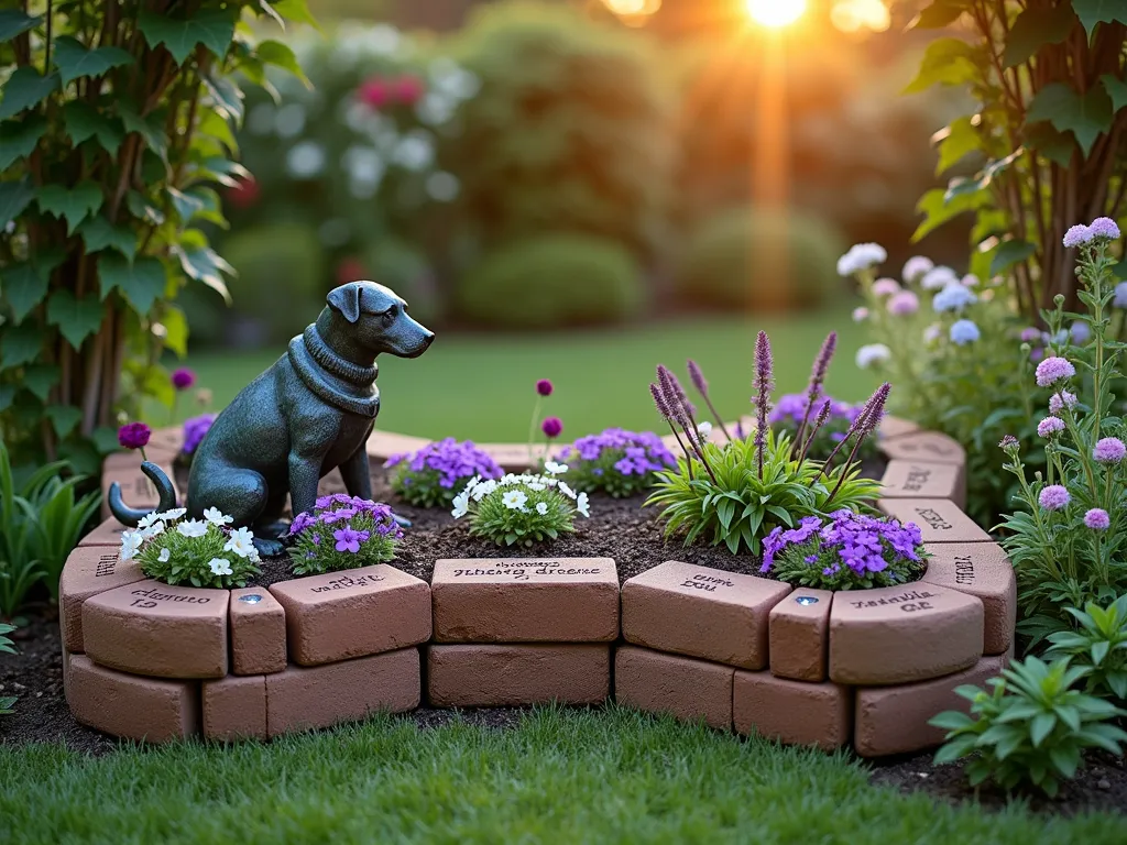 Pet Memorial Raised Garden Bed at Sunset - A serene garden scene at golden hour featuring a bone-shaped raised garden bed crafted from natural stone blocks. The bed is filled with vibrant purple salvias, white forget-me-nots, and pink dianthus arranged in gentle waves. Personalized terracotta bricks line the border, engraved with heartfelt messages. Small solar lights illuminate the memorial bed's edges, casting a warm glow as the sun sets. A weathered bronze pet statue sits peacefully at one end, while climbing jasmine starts to embrace the surrounding garden trellis. The bed is photographed at a 45-degree angle, capturing both the intricate design and the emotional essence of the memorial, with soft bokeh effects in the background showing a peaceful garden setting.