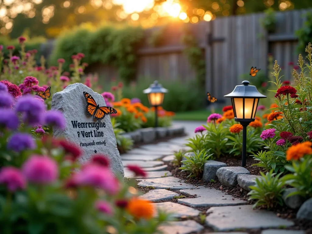 Butterfly Garden Pet Memorial at Sunset - A serene garden memorial scene at golden hour, featuring a curved garden bed filled with blooming butterfly bush, vibrant purple lantana, and multicolored zinnias. A natural stone memorial marker rests among the flowers, engraved with a pet's name. Several monarch and swallowtail butterflies hover near the flowers, their wings catching the warm sunset light. The garden is photographed from a low angle, with the setting sun creating a soft bokeh effect through the flowers. Japanese lanterns line the curved pathway leading to the memorial, casting a gentle glow. The background shows a weathered wooden fence covered in climbing jasmine, creating a peaceful backdrop. Shot with shallow depth of field focusing on the memorial stone and nearest butterflies, with the surrounding garden creating a dreamy atmosphere.