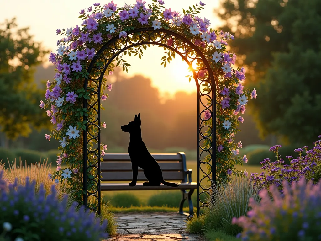 Dog Silhouette Garden Trellis at Sunset - A serene garden scene at golden hour featuring an elegant 6-foot metal trellis with a detailed dog silhouette cutout as its centerpiece. The trellis is adorned with climbing purple clematis and white jasmine flowers, their vines gracefully intertwining through the metalwork. The silhouette shows a sitting dog with pointed ears, casting a gentle shadow on the garden path below. Soft sunset light filters through the trellis, creating a magical interplay of light and shadow. In the background, a cozy garden bench sits beneath the trellis, surrounded by ornamental grasses and purple salvia, creating a peaceful memorial space. The scene is captured from a slight angle to showcase both the artistic detail of the trellis and the natural beauty of the climbing plants.