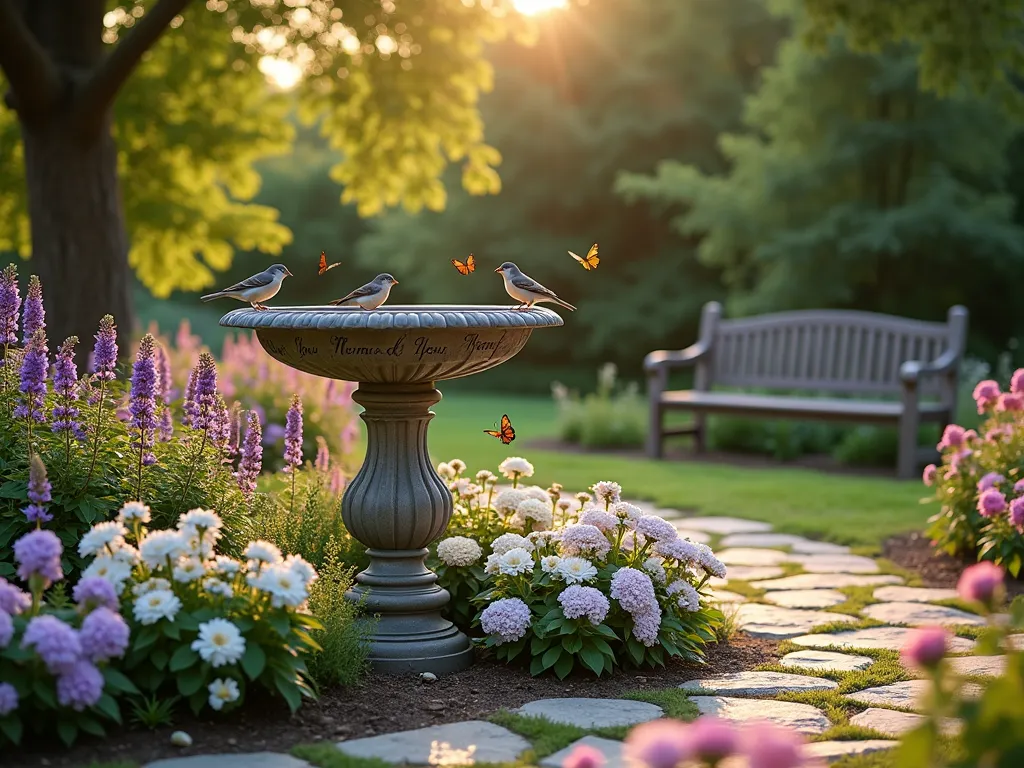 Elegant Pet Memorial Bird Bath Garden - A serene garden scene at golden hour featuring an ornate stone bird bath as the centerpiece, surrounded by blooming perennials. The bird bath has a tasteful memorial inscription engraved on its pedestal. Small birds perch on the rim while butterflies flutter nearby. Purple salvias, white echinacea, and pink roses create a soft, romantic border around the bath. Natural stone pavers lead to the memorial, with soft garden lighting highlighting the scene. Mature trees in the background create dappled sunlight patterns, while a wooden bench nearby offers a peaceful spot for reflection. Shot from a medium-low angle to emphasize the bird bath's presence while capturing the surrounding garden's beauty.