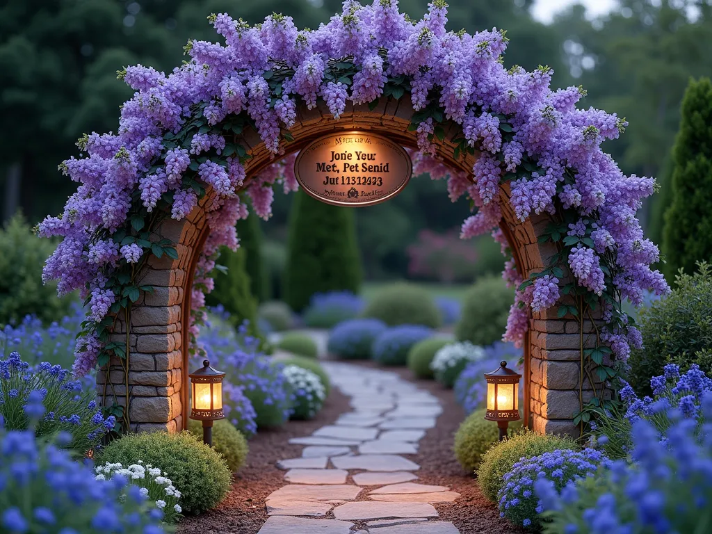 Enchanted Pet Memorial Garden Arch at Twilight - A romantic garden arch covered in climbing purple wisteria and white climbing roses, illuminated by soft twilight glow. A polished bronze memorial plaque is nestled among the blooms, featuring a paw print design. The arch creates a magical tunnel effect over a winding garden path lined with forget-me-nots and lavender. Natural stone pavers lead through the arch, while solar-powered lanterns cast a warm, gentle light on the memorial. The background shows a peaceful garden setting with mature trees and soft landscaping. Photorealistic, wide-angle perspective capturing the entire arch structure with intimate lighting details, shot with depth of field to emphasize the emotional significance.