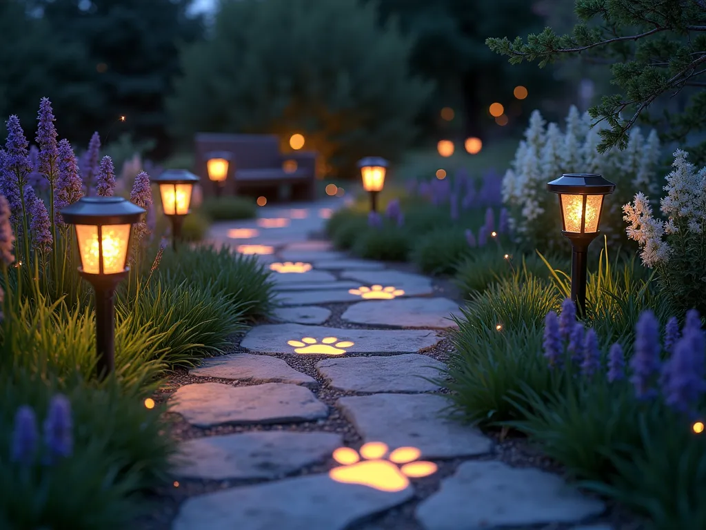 Enchanted Pet Memorial Paw Print Garden Path - A twilight garden scene captured with a wide-angle lens, showing a winding stone pathway illuminated by elegant solar lights with paw print cutouts casting magical patterns on the ground. The warm, glowing lights create ethereal paw print shadows that dance along the path, surrounded by soft-focused lavender and white moonflowers. Low-growing Japanese forest grass sways gently along the pathway edges, while silver-leafed dusty miller adds a mystical shimmer in the evening light. The path leads to a small memorial bench in the distance, partially obscured by flowering dogwood branches. Fireflies scatter throughout the scene, adding natural sparkle to this serene memorial garden setting. Shot at dusk with natural and artificial lighting creating a dreamy atmosphere, depth of field emphasizing the leading lines of the illuminated pathway.