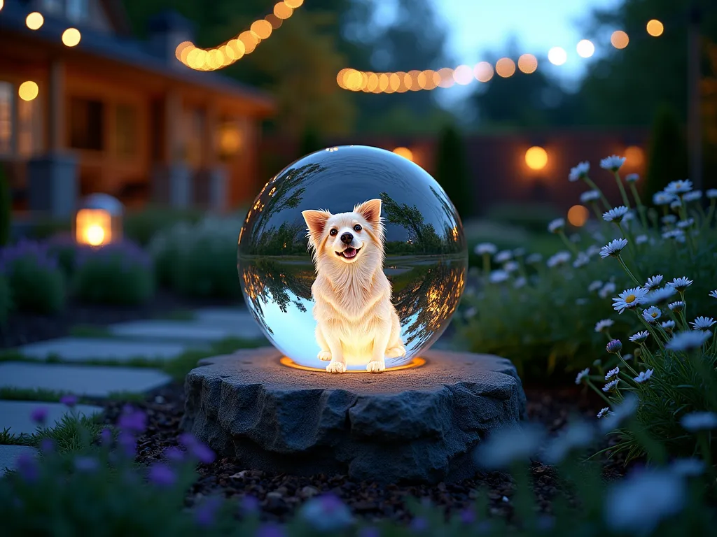 Illuminated Pet Memorial Garden Sphere at Twilight - A serene garden scene at twilight featuring a glowing glass memorial sphere, 24 inches in diameter, with an etched pet portrait delicately illuminated from within. The sphere rests on a natural stone pedestal surrounded by a circular garden bed of softly swaying lavender and white flowering moonflowers. Low voltage landscape lighting casts gentle shadows across the surrounding garden, while string lights draped in a nearby Japanese maple tree create a magical bokeh effect in the background. The sphere's warm internal lighting creates a touching tribute, casting a gentle glow on the surrounding plants and stone pathway. Shot with shallow depth of field focusing on the sphere, capturing the ethereal atmosphere of dusk with the last traces of blue hour light in the sky. DSLR photo with wide-angle lens at f/8, ISO 100, 1/125 sec.