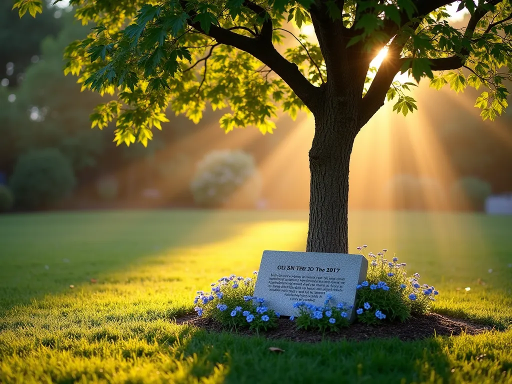 Pet Memorial Living Memory Tree at Dawn - A serene garden scene at dawn, featuring a young oak tree bathed in golden morning light casting long shadows across dewy grass. A polished stone memorial plaque rests at its base, partially embraced by a ring of blooming forget-me-nots. The tree is centered in a peaceful backyard setting with naturalistic landscaping, while morning mist adds ethereal atmosphere. Shot with a wide-angle perspective that captures both the full height of the growing tree and the intimate memorial space below. Depth of field focuses on both the detailed plaque and the strong branches reaching skyward, symbolizing growth and remembrance.