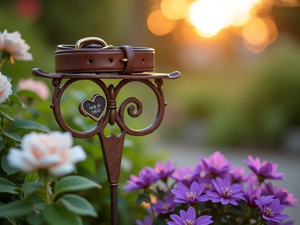 Pet Collar Memorial Garden Stake at Sunset - A touching garden memorial featuring a weathered leather dog collar mounted on an ornate copper garden stake, nestled among blooming purple salvias and white mini roses. The collar's metal tags catch the golden evening light, while a small weatherproof frame displays a beloved pet's photo. The stake stands approximately 3 feet tall with decorative scrollwork, photographed from a low angle to capture the warm sunset sky behind it. Soft garden bokeh in the background shows other flowering perennials, creating a peaceful memorial setting. The scene includes natural stone pavers and scattered pine needle mulch at the base.