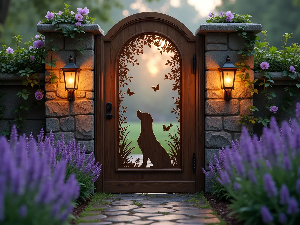 Enchanting Pet Memorial Garden Gate at Dusk - A rustic wooden garden gate at twilight, featuring an intricate laser-cut silhouette of a dog looking up at butterflies, surrounded by climbing roses and moonflowers. The gate opens to a serene memorial garden path lined with lavender. Soft golden lantern light illuminates the gate's details, casting magical shadows on the stone pathway. Weathered copper hardware and a gentle patina add character, while clematis vines gracefully wind around the frame. A warm, ethereal glow bathes the scene, creating a peaceful and touching tribute.