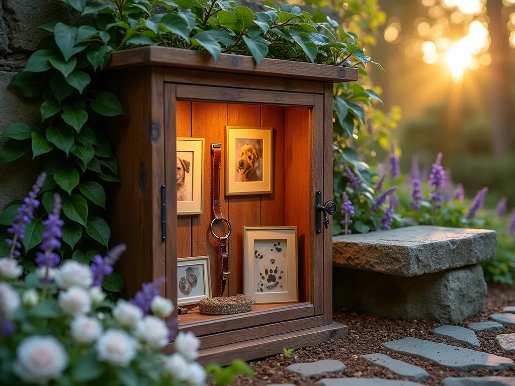 Pet Memorial Garden Memory Box at Sunset - A close-up shot of a beautifully crafted wooden memory box with a glass front, built seamlessly into a rustic stone garden wall. The box is illuminated by warm sunset light, creating a gentle glow on the weathered copper frame. Inside, visible through the glass, are arranged cherished pet photos, a worn leather collar, and pressed pawprint memorabilia. The box is partially embraced by climbing ivy and surrounded by soft-blooming purple clematis. A small stone bench sits nearby, with delicate white garden roses and lavender creating a peaceful memorial space. The scene is captured during golden hour, with dappled sunlight filtering through nearby trees, creating a serene and contemplative atmosphere.